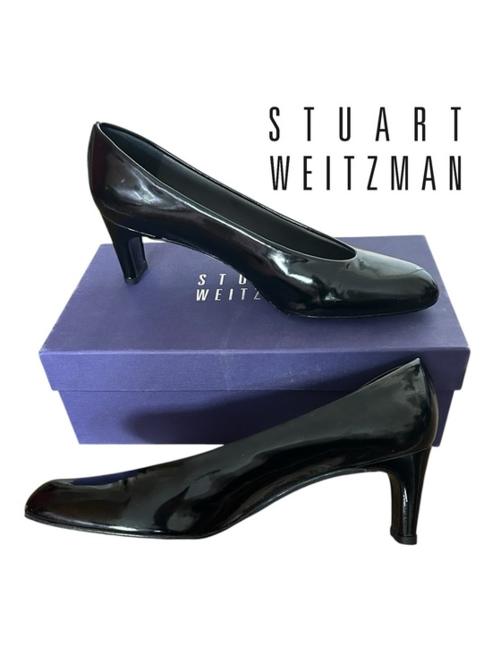 NIB RARE Stuart Weitzman Black Soft Patent Leather Kitten Heel Chic Pumps 8.5